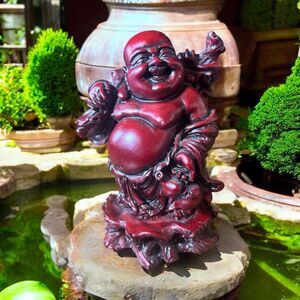 Buddha Vintage Laughing Fat Happy Figurine Red Dark Heavy 4" Carved Details MCM